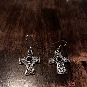SILVER TONE CROSS EARRINGS WITH BLACK STONE